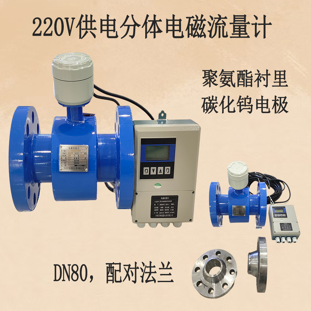 開(kāi)封百特220V供電分體流量計(jì)，DN80，聚氨酯襯里，碳化鎢電極(含配對(duì)法蘭)   .jpg